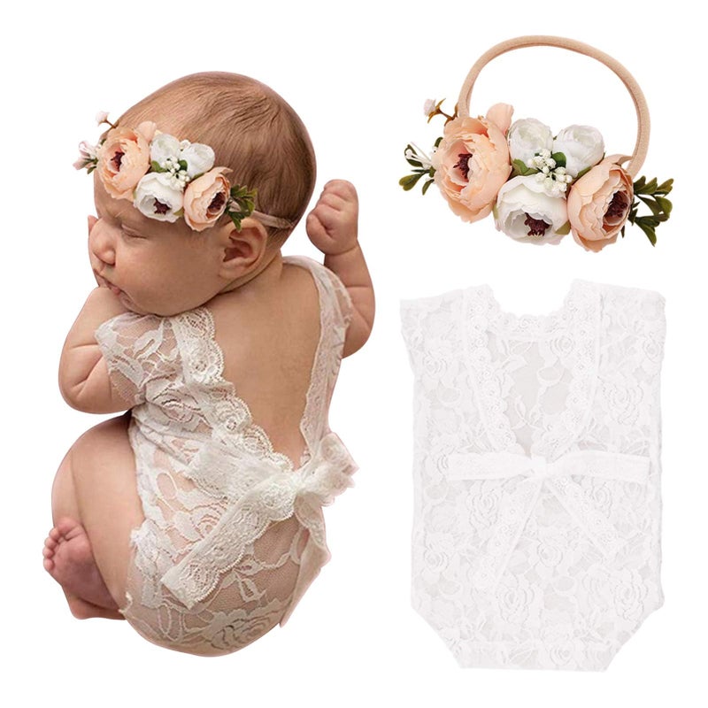 SPOKKI Newborn Baby Cute Lace Rompers Photography Props with Flower Headband Vest Floral Classic Outfits for Girl Princess Twins Birthday Party - Image 1